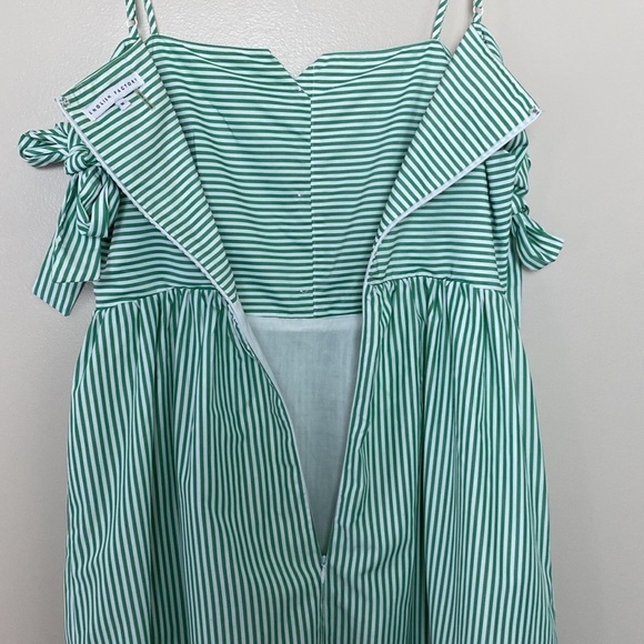 English Factory Tie Sleeve Bow Bardot Dress Striped Green and White Size M - Picture 11 of 16
